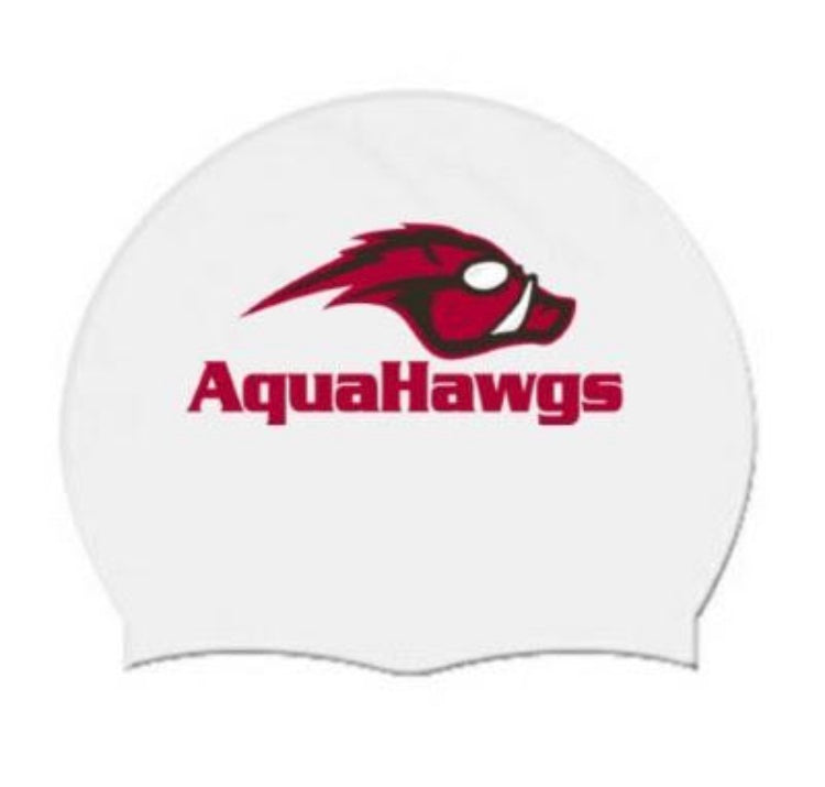 Meet Competition Swim Cap: White Latex, AquaHawgs Team Cap